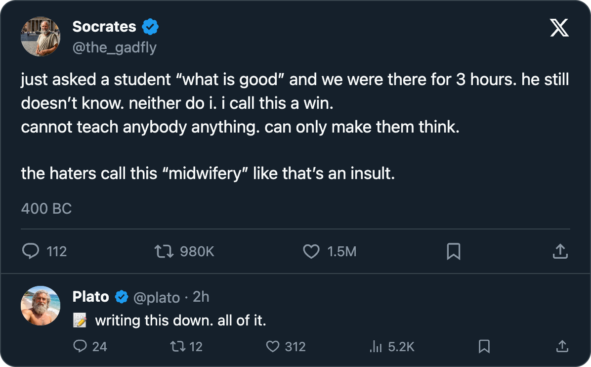 A mock tweet from Socrates on the Socratic method